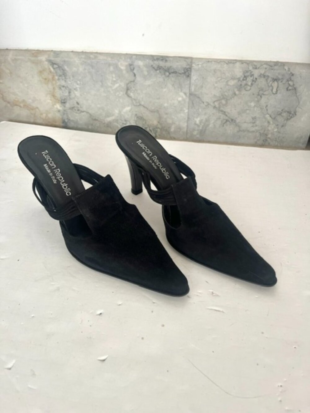 Tuscan Republic Black Suede Heeled Mules